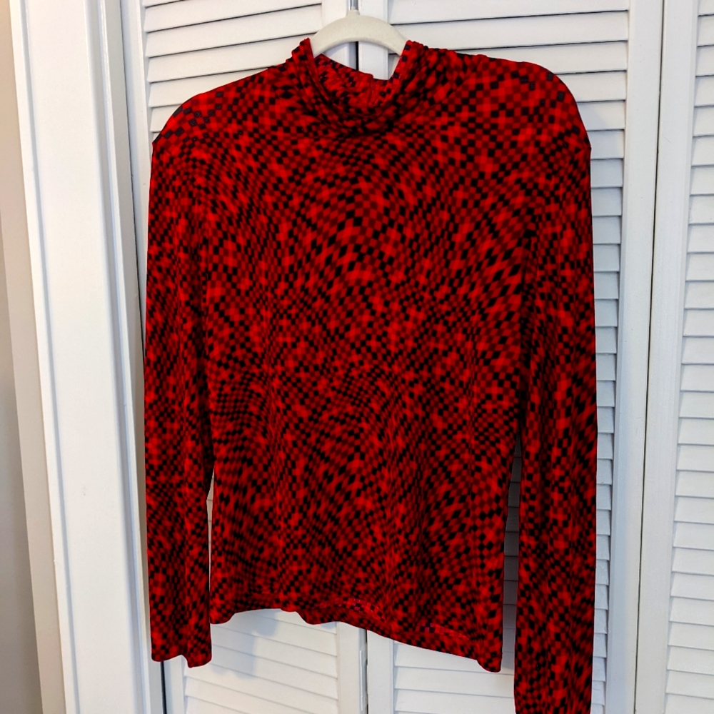 90s Vintage Long Sleeved Cowl Neck Shirt Red Geometric Pattern Sz Med/Large